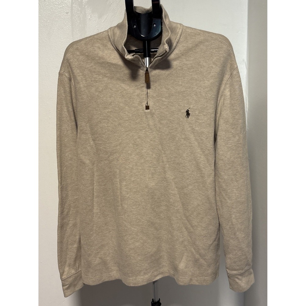 POLO Ralph Lauren Men Size XL Sweater Tan Cotton Knit 1/4 Zip Pullover Top - Picture 3 of 8